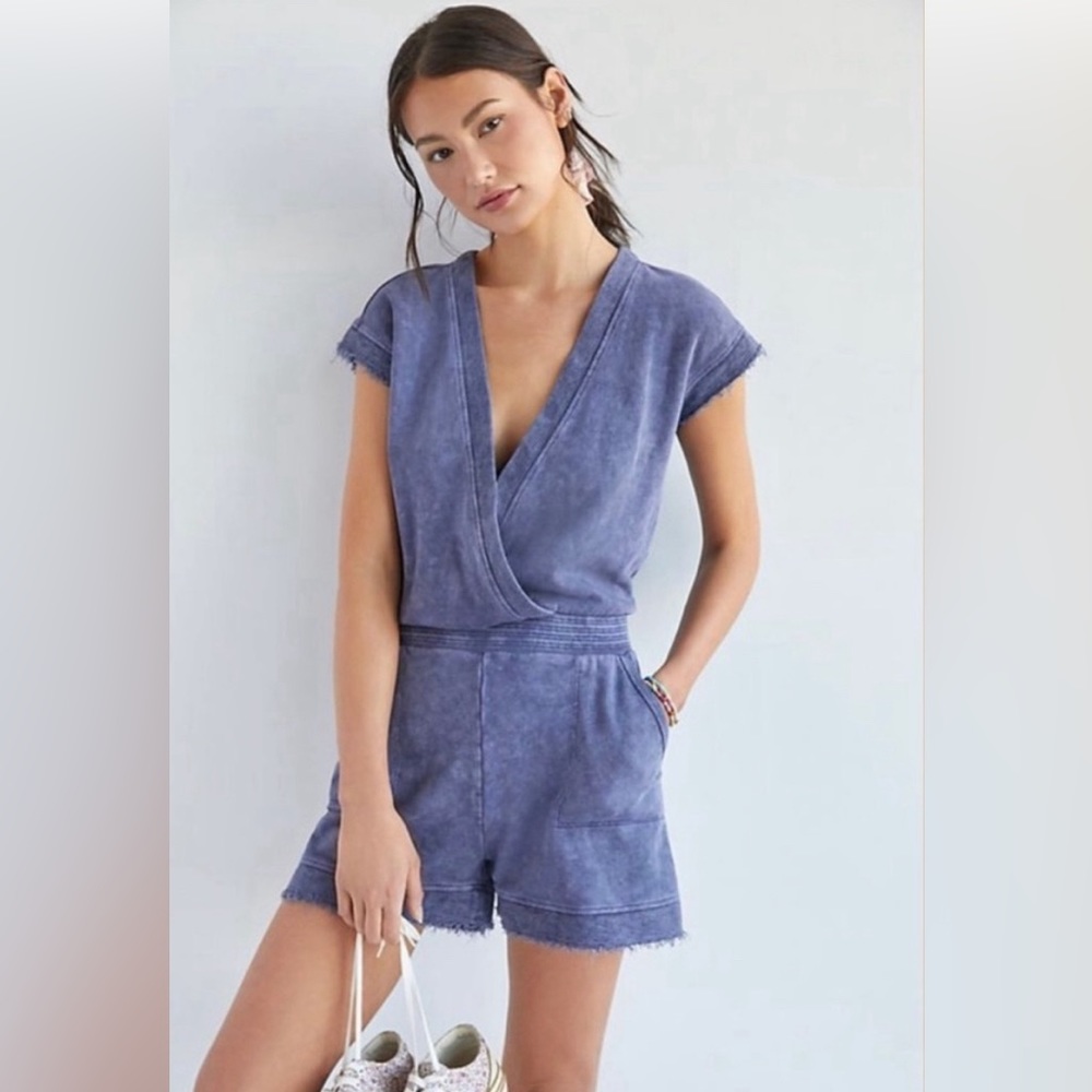 Anthropologie Daily Practice Blue Frayed Surplice Cotton Romper, Size Small